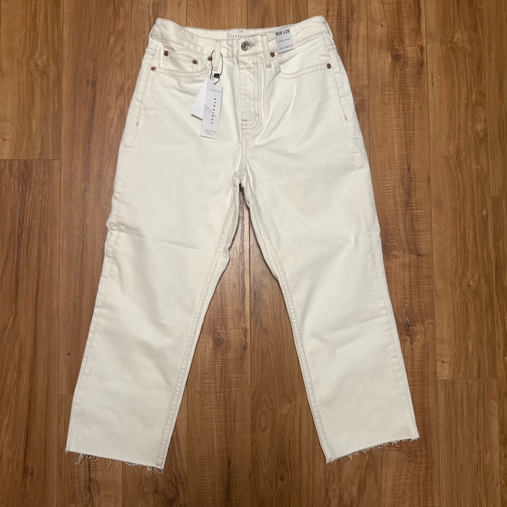 Top Shop Cream Petite Straight-Leg Jeans